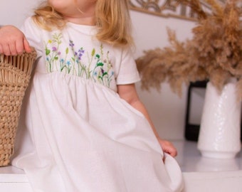 Linen Girls Dress, Embroidered Floral Linen Dress For Girl, Natural Girls Linen Dress, Summer Linen Dress For Baby Girls,Toddler Linen Dress