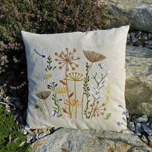 Linen Pillow Cover, Embroidered Floral Linen Pillow Cover, Hand Embroidered Pillow Cover, Wild Flowers Embroidery Linen Pillow Cover
