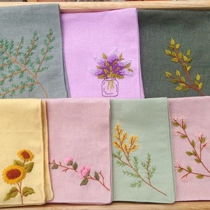 Linen Handkerchief,Beautiful Floral Handkerchief, Hand Embroidered Handkerchief,Wild Flowers Embroidery,Linen Handkerchief,Personalized Gift