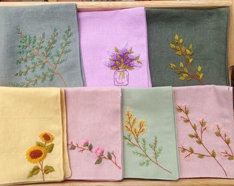 Linen Handkerchief,Beautiful Floral Handkerchief, Hand Embroidered Handkerchief,Wild Flowers Embroidery,Linen Handkerchief,Personalized Gift