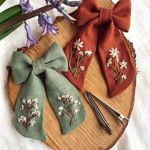 Linen Hair Bow For Girls, Hair Bow Clips, Elastic Hair Bow Tie, Hair Srunchies Accessories Elegant Floral Embroidery, Embroidery Hair BowTie