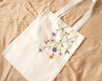 Flower Embroidered Tote Bag, Floral Canvas Tote Bag, Hand Embroidery Bag, Embroidery Bag Summer Wildflowers, Floral Women Shopper Bag