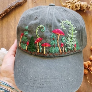 Mushroom Mix Fern Baseball Hat, Hand Embroidered Vintage Style Hat, Colorful Sun Summer Cap, Embroidered Mushroom Hat, Cap for Women