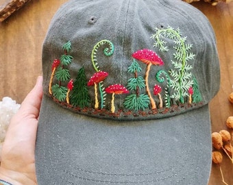 Mushroom Mix Fern Baseball Hat, Hand Embroidered Vintage Style Hat, Colorful Sun Summer Cap, Embroidered Mushroom Hat, Cap for Women
