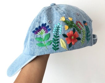 Botanical Embroidered Hat, Wash Cotton Baseball Cap, Hand Embroidered Flower Garden Hat, Curved Brim Baseball Hat, Colorful Summer Cap