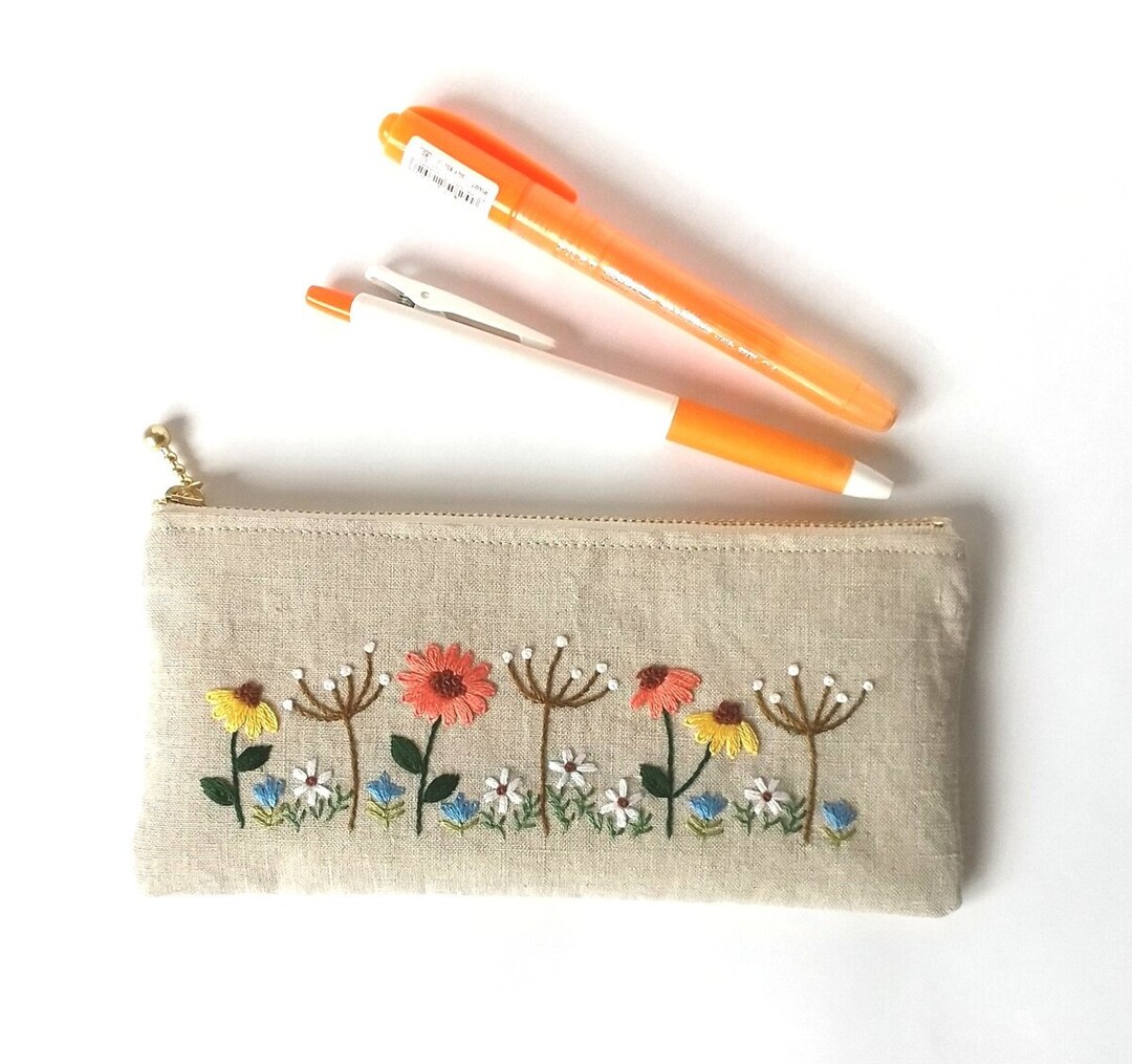 Flower Garden Embroidered Pencil Case, Handmade Sunflower Bag