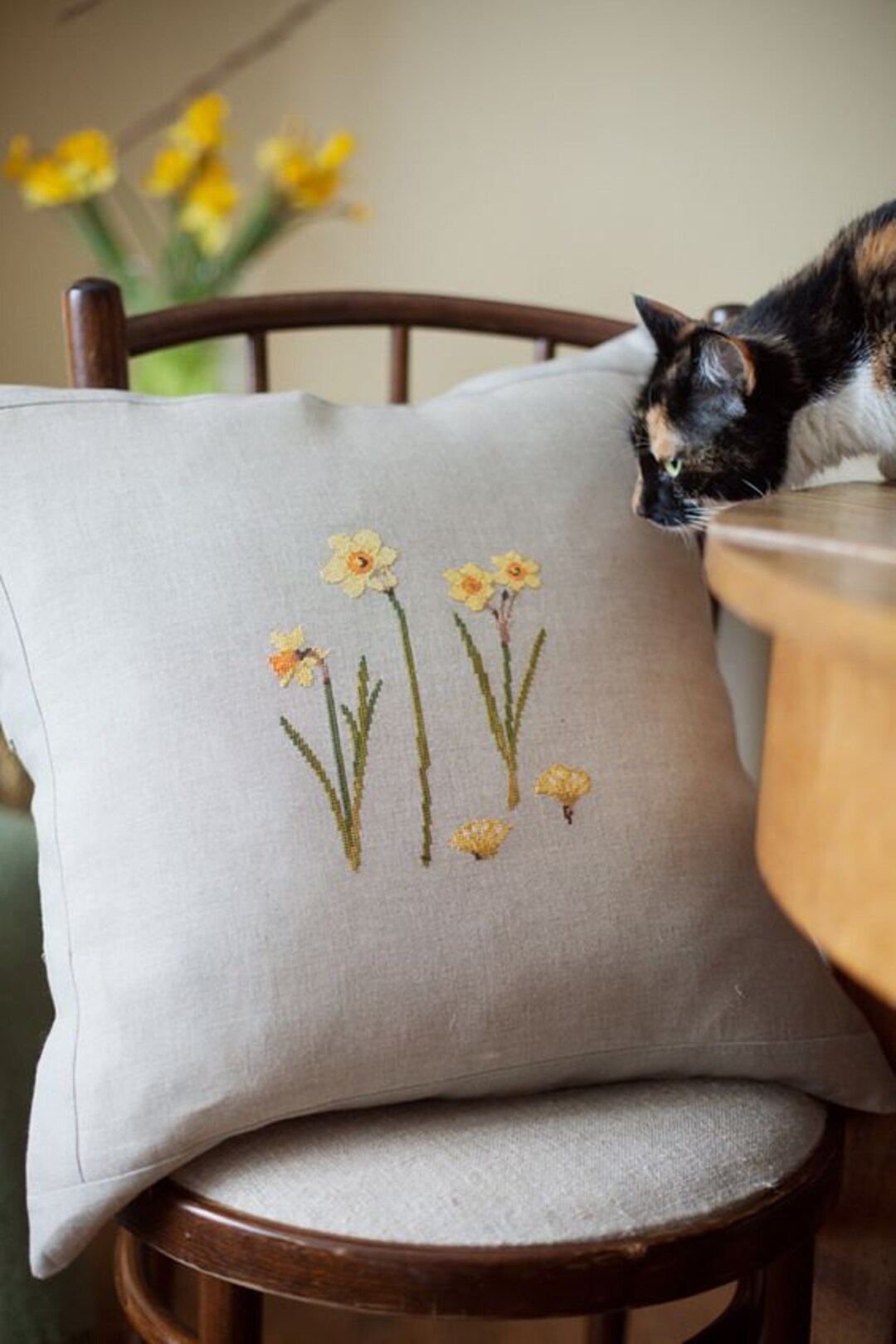 Linen Pillow Cover, Embroidered Floral Linen Pillow Cover, Hand