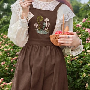 Apron Dress for Women Linen Cotton, Hand Embroidered Apron, Mushroom Embroidery, Embroidered Apron, Vintage Embroidered Apron