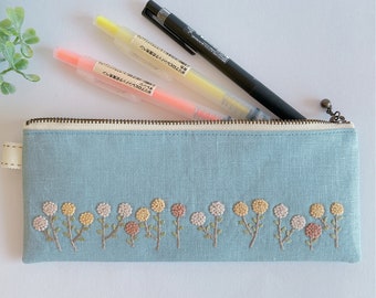 Floral Embroidered Linen Cosmetic Bag with Zipper, Pencil Pouch, Hand Embroidery, Cute Gift, Cute Pouch, Birthday Gift, Back To School Gift