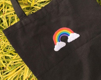 Hand Embroidered Rainbow Tote Bag, Embroidered Tote Bag, Canvas Tote Bag, Embroidery Bag Summer, Women Shopper Bag, Vintage Tote Bag