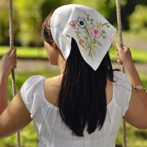 Linen Headscarf Fairycore Hair Accessories For Summer, Natural Linen Kerchief, Hand Embroidery Kerchief, Boho Headwrap