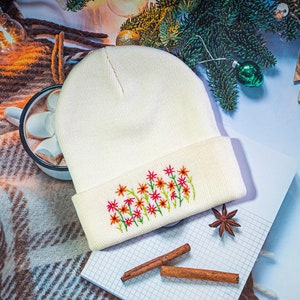 Colorful Flowers Hand Embroidered Beanie, Cozy Headwear for Winter Season, Holiday Season Handmade Beanie, Perfect Christmas Present