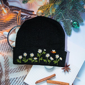 Daisy With Little Bee Hand Embroidered Beanie, Cozy Headwear for Winter Season, Holiday Season Handmade Beanie, Perfect Christmas Present