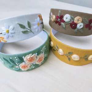 Floral Hand Embroidered Linen Headband, Handmade Hair Headband with Flower Embroidery, Hair Accessories for Girls & Women, Stocking Stuffer