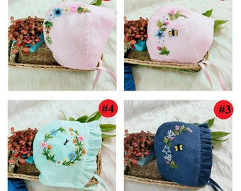 Linen Baby Bonnet With Floral Embroidered, Embroidery Baby Bonnet, Hand Embroidered Linen Bonnet, Brimmed Bonnet , Linen Baby Sunbonnet
