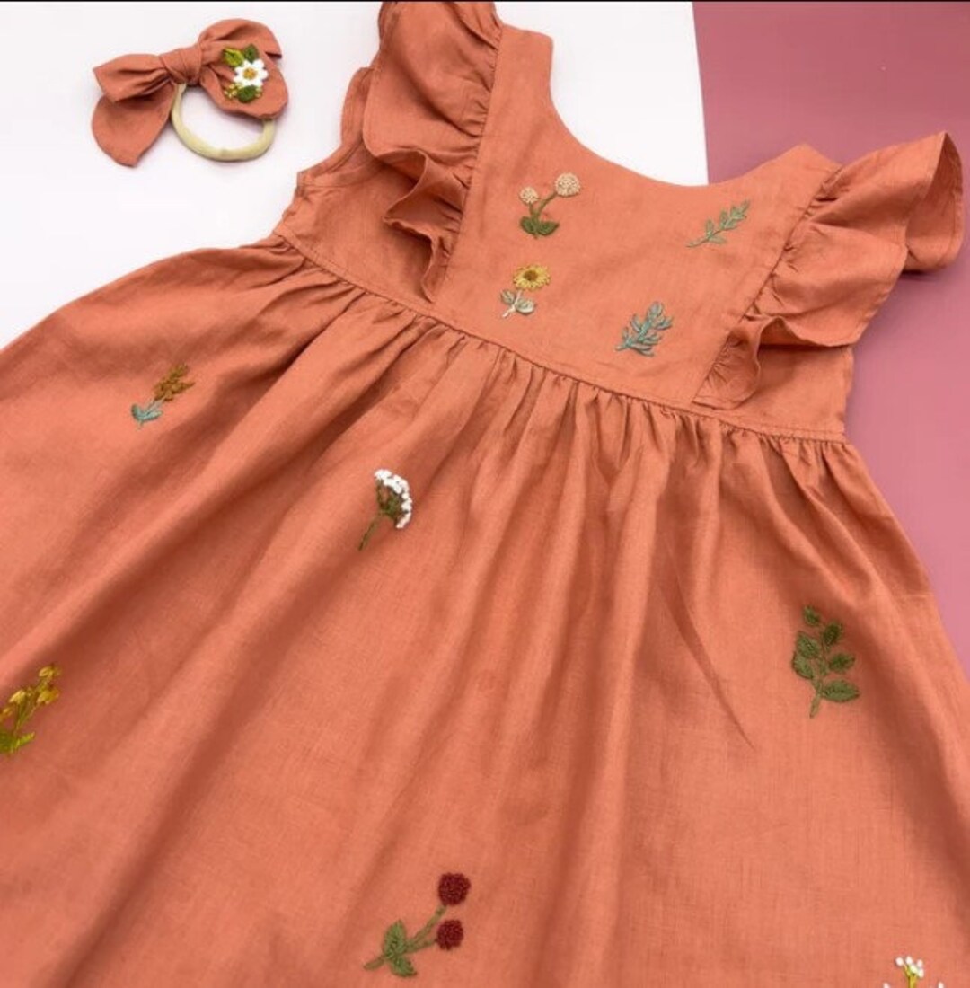Hand Embroidery Linen Dress, Floral Embroidery Vintage Style Girls