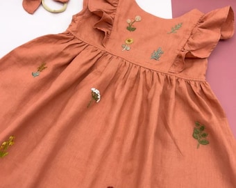 Handstickerei Leinenkleid, Blumenstickerei Vintage-Stil Mädchenkleid, Mädchen Weiches Leinenkleid, Handbesticktes Leinenkleid für Mädchen