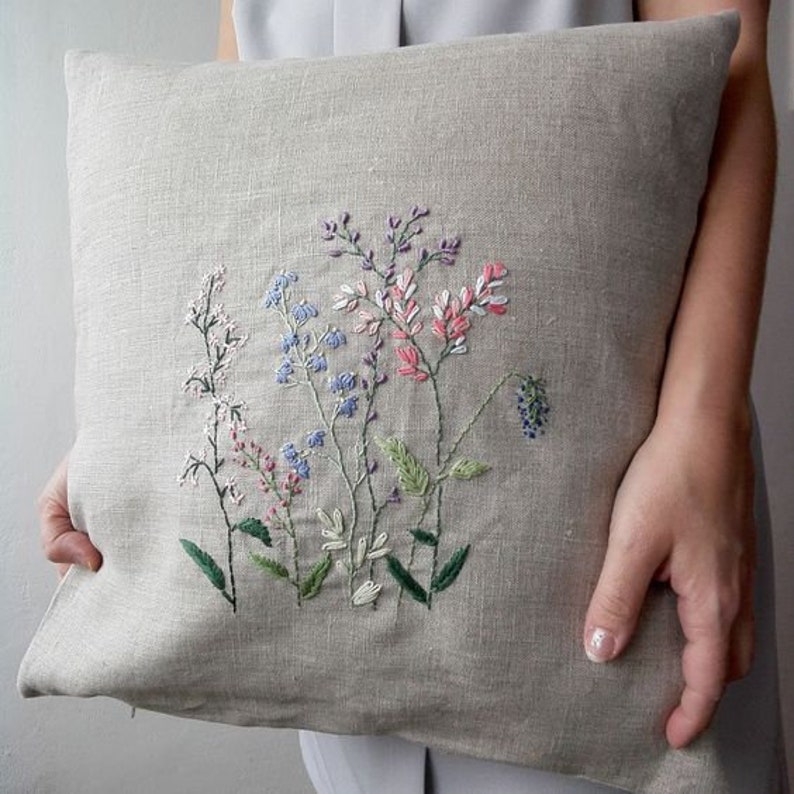 Linen Pillow Cover Embroidered Floral Linen Pillow Cover Etsy