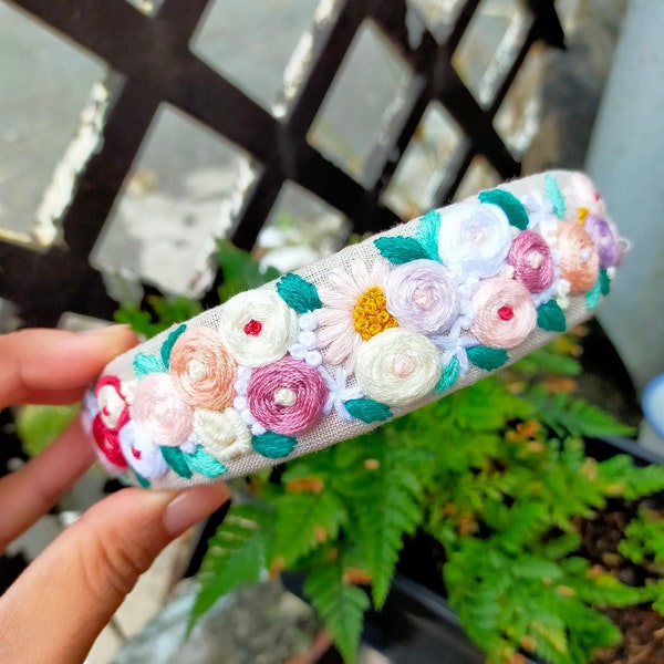 Floral Hand Embroidered Linen Headband, Handmade Hair Headband with Flower Embroidery, Hair Accessories for Girls & Women, Stocking Stuffer