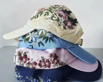 Hand Embroidered Baseball Cap With Flowers, Floral Embroidery Hat, Embroider Woman Cap, Curve Brim Summer Cap, Flower Lover Gift