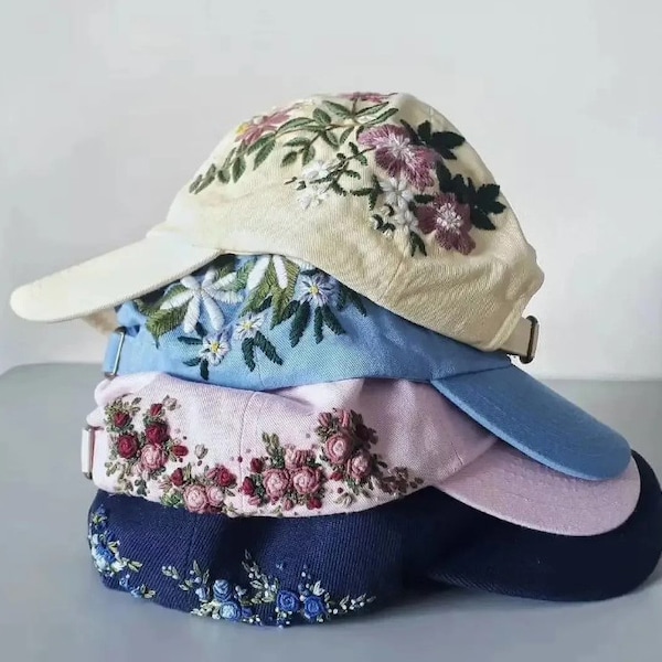 Hand Embroidered Baseball Cap With Flowers, Floral Embroidery Hat, Embroider Woman Cap, Curve Brim Summer Cap, Flower Lover Gift