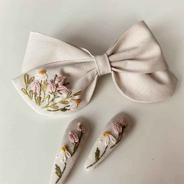 Linen Hair Bow For Girl, Embroidered Linen Floral Hair Bow, Linen Bow With Daisy Embroidery, Hair Bow Elastic Tie And Hair Bow Clip For Girl