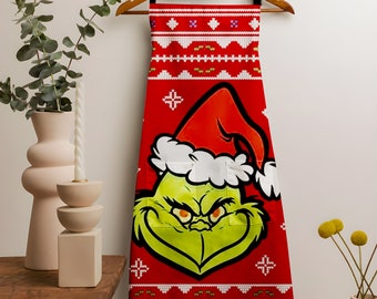 Green Monster Face Festive Apron, 2023 Christmas Apron with Pockets, Merry Greenmas Apron, Holiday Season Apron, Colorful Adult Apron