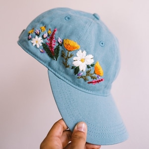 Flower Mix Garden Baseball Hat, Hand Embroidered Vintage Style Hat, Colorful Sun Summer Cap, Embroidered Flower Hat, Cap for Women