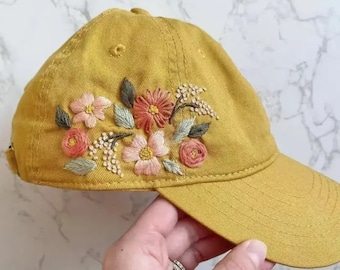 Wash Cotton Baseball Cap, Hand Embroidered Flower Hat, Embroider Woman Cap, Curve Brim Summer Cap, Flower Lover Gift