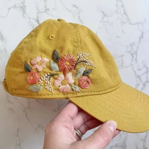 Wash Cotton Baseball Cap, Hand Embroidered Flower Hat, Embroider Woman Cap, Curve Brim Summer Cap, Flower Lover Gift