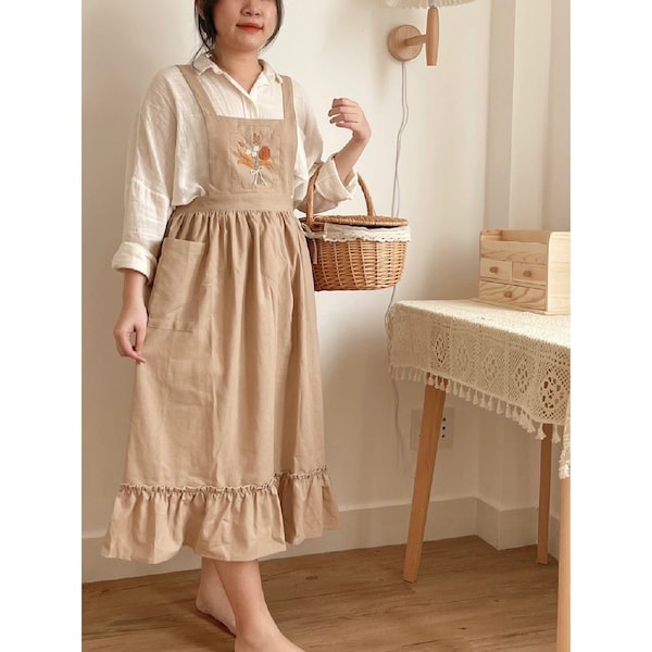 Robe tablier pour femmes en coton lin, tablier brodé à la main, tablier en lin brodé avec fleur, tablier brodé, tablier brodé vintage