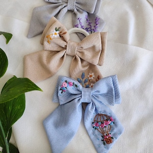 Hair Bow Embroidery, Hand Embroidered Barrette Hair Bow, Girl Hairbows, hairpin bow blue, bow for girl, gift for girlfriend