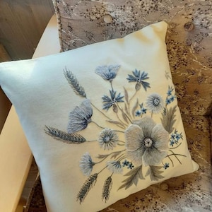 Linen Pillow Cover, Embroidered Floral Linen Pillow Cover, Hand Embroidered Pillow Cover, Wild Flowers Embroidery Linen Pillow Cover