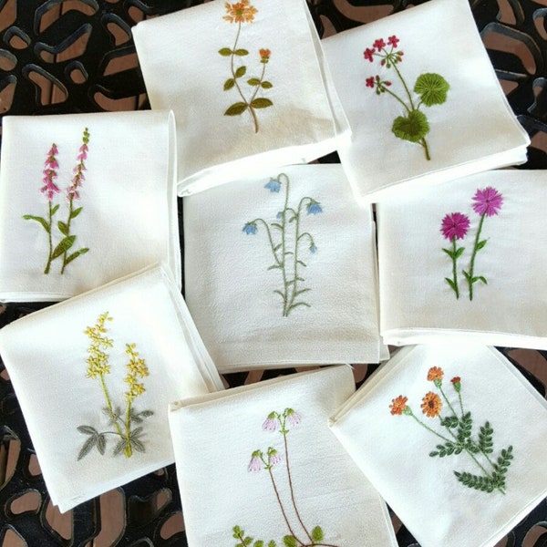 Hand Embroidery Linen Handkerchiefs, Wild Flowers Embroidery, Wedding Gift, Bridesmaid Gift, Sister Gift, Gift for Birthday, Handmade Gift