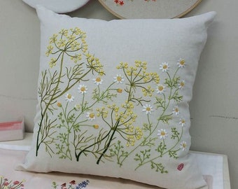 Linen Pillow Cover, Embroidered Floral Linen Pillow Cover, Hand Embroidered Pillow Cover, Wild Flowers Embroidery Linen Pillow Cover