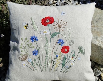 Linen Pillow Cover, Embroidered Floral Linen Pillow Cover, Hand Embroidered Pillow Cover, Wild Flowers Embroidery Linen Pillow Cover