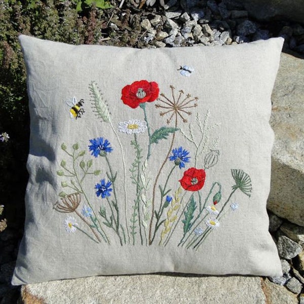 Linen Pillow Cover, Embroidered Floral Linen Pillow Cover, Hand Embroidered Pillow Cover, Wild Flowers Embroidery Linen Pillow Cover