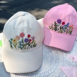 Wildflower Baseball Hat, Washed Coton Baseball Cap, Floral Hand Embroidered Baseball Cap, Hand Embroidery Hat, Vintage Hat For Woman