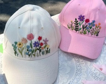 Wildflower Baseball Hat, Washed Coton Baseball Cap, Floral Hand Embroidered Baseball Cap, Hand Embroidery Hat, Vintage Hat For Woman