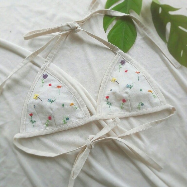 Linen Bra, Embroidered Floral Linen Bra, Hand Embroidered Bra, Organic Linen Bralette For Women, Soft Triangle Bra For Women