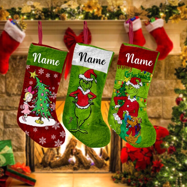 Green Monter Stole Christmas 2023 Stockings, Merry Christmas Stocking With Name, Funny Greenmas Stocking Christmas Gift for Family