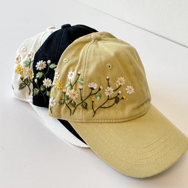 Gänseblümchen-Blumen-Handstickerei-Baseballmütze, handgestickte Blumenmütze, sticken Frauenmütze, geschwungene Krempen-Sommermütze, Blumen-Liebhaber-Geschenk