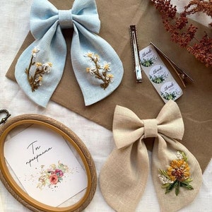 Linen Hair Bow For Girls, Hair Bow Clips, Elastic Hair Bow Tie, Hair Srunchies Accessories Elegant Floral Embroidery, Embroidery Hair BowTie