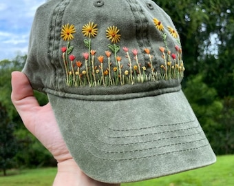 Casquette de baseball florale brodée à la main colorée, chapeau de soleil de jardin, casquette de baseball en coton lavé, chapeau brodé à la main, chapeau vintage pour femme