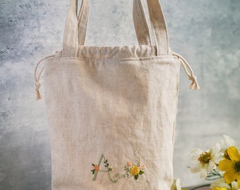 Hand Embroidered Flower Tote Bag, Embroidered Name Tote Bag, Canvas Tote Bag, Embroidery Bag Summer, Women Shopper Bag, Vintage Tote Bag