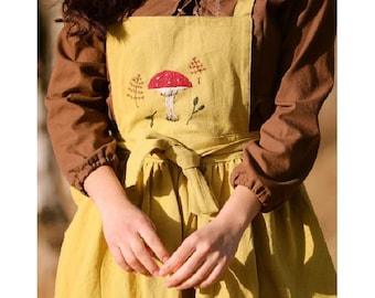 Apron Dress for Women Linen Cotton, Hand Embroidered Apron, Mushroom Embroidery Linen Apron , Embroidered Apron, Vintage Embroidered Apron