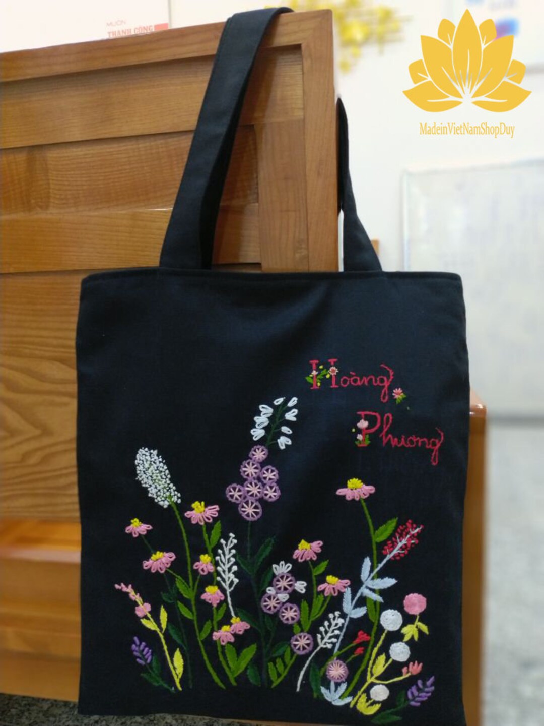 Embroidered Patch Tote Bag Flower Bouquet Tote Bag Canvas 