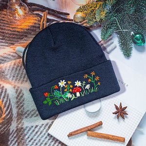 Mushroom and Daisy Hand Embroidered Beanie, Cozy Headwear for Winter Season, Holiday Season Handmade Beanie, Perfect Christmas Present