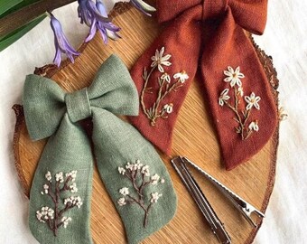 Linen Hair Bow For Girls, Hair Bow Clips, Elastic Hair Bow Tie, Hair Srunchies, Floral Embroidery, Embroidery Hair Bow Tie