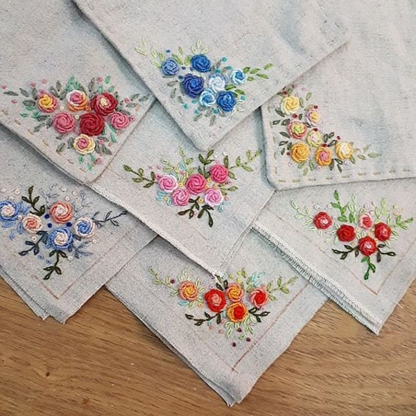 Linen Table Coasters, Hand Embroidered Tea Coaster, Linen Coaster Set, Vintage Handmade Floral Coasters, Tea Lover Coaster, House Gifts